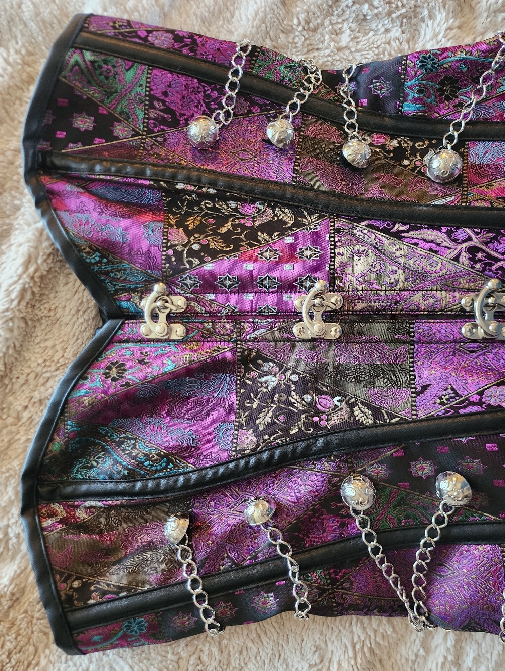 Purple Patchwork Brocade Corset with Silver Chains - Picture 2 of 3